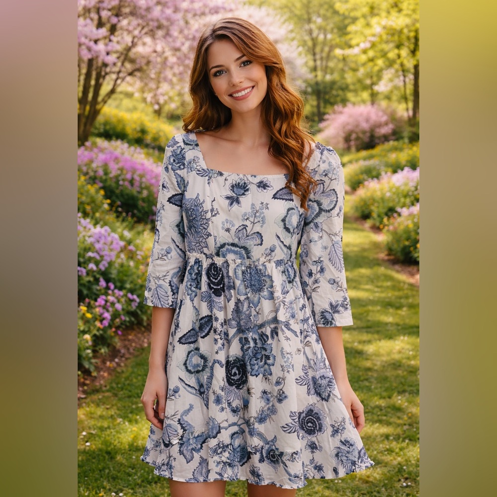 J. NNA‎ Blue Floral Midi Dress. NWT. 3/4 sleeves. SZ L